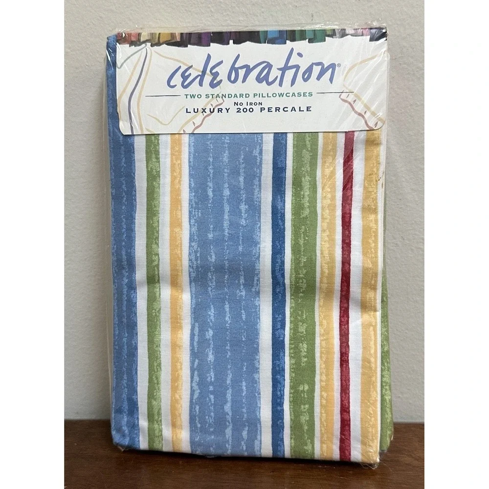 Vtg Celebration Percale 2 Standard Pillowcases Rainbow Stripe Made USA NEW NOS